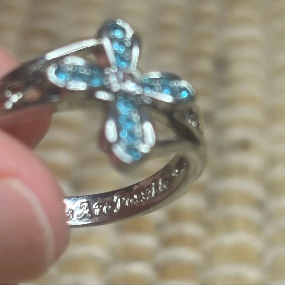 Blue and Clear CZ Silver Tone Cross Ring With God All Things are Possible Size 9 - Picture 8 of 9